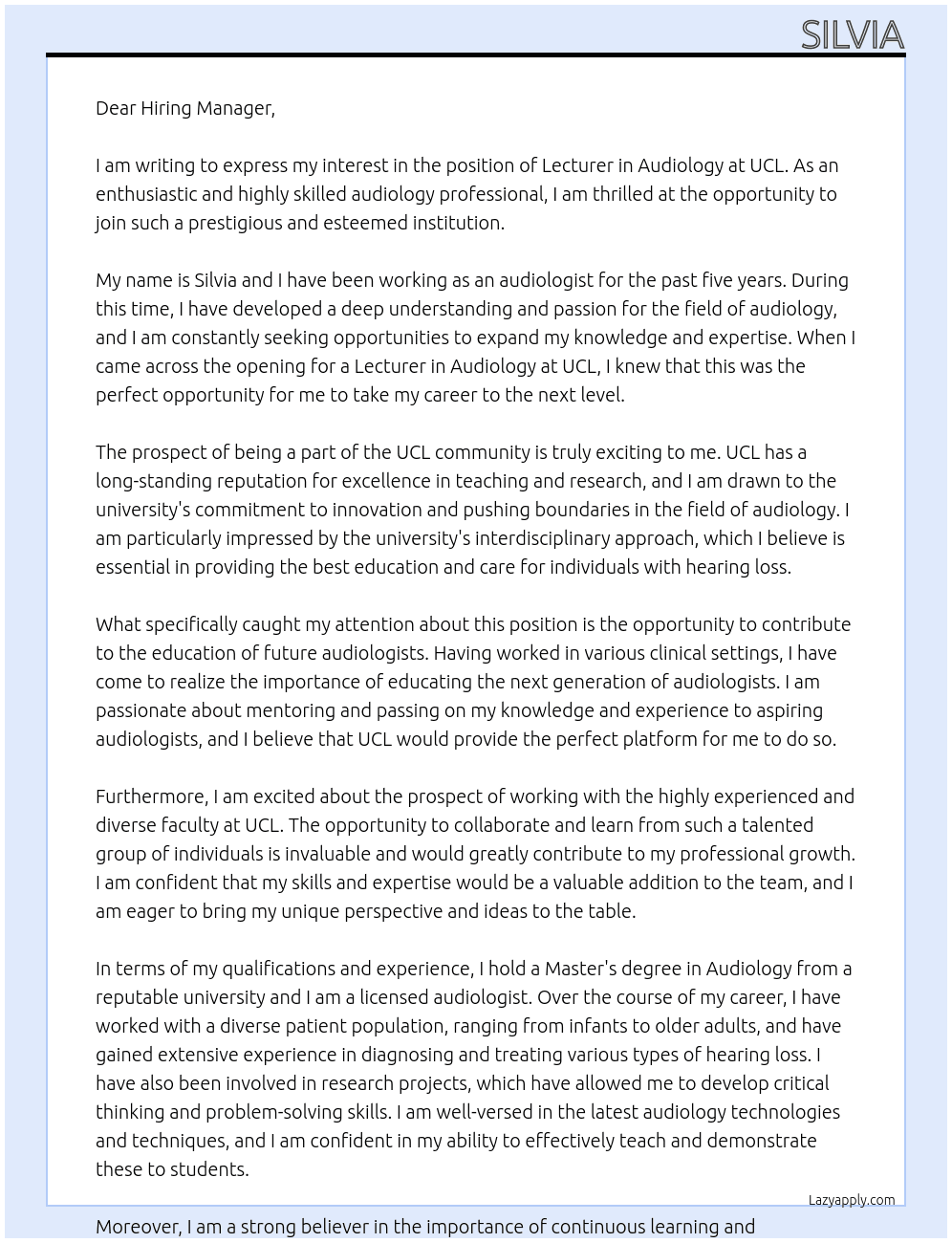 lecturer in audiology At UCL Cover Letter