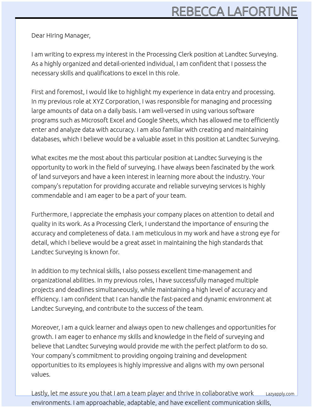 Cover letter for processing clerk - LazyApply