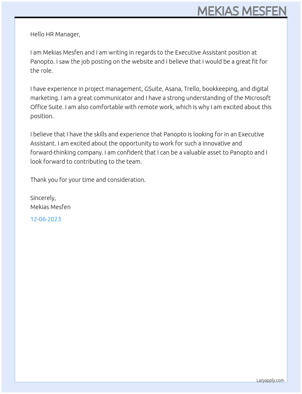 Executive Assistant At Panopto Cover Letter