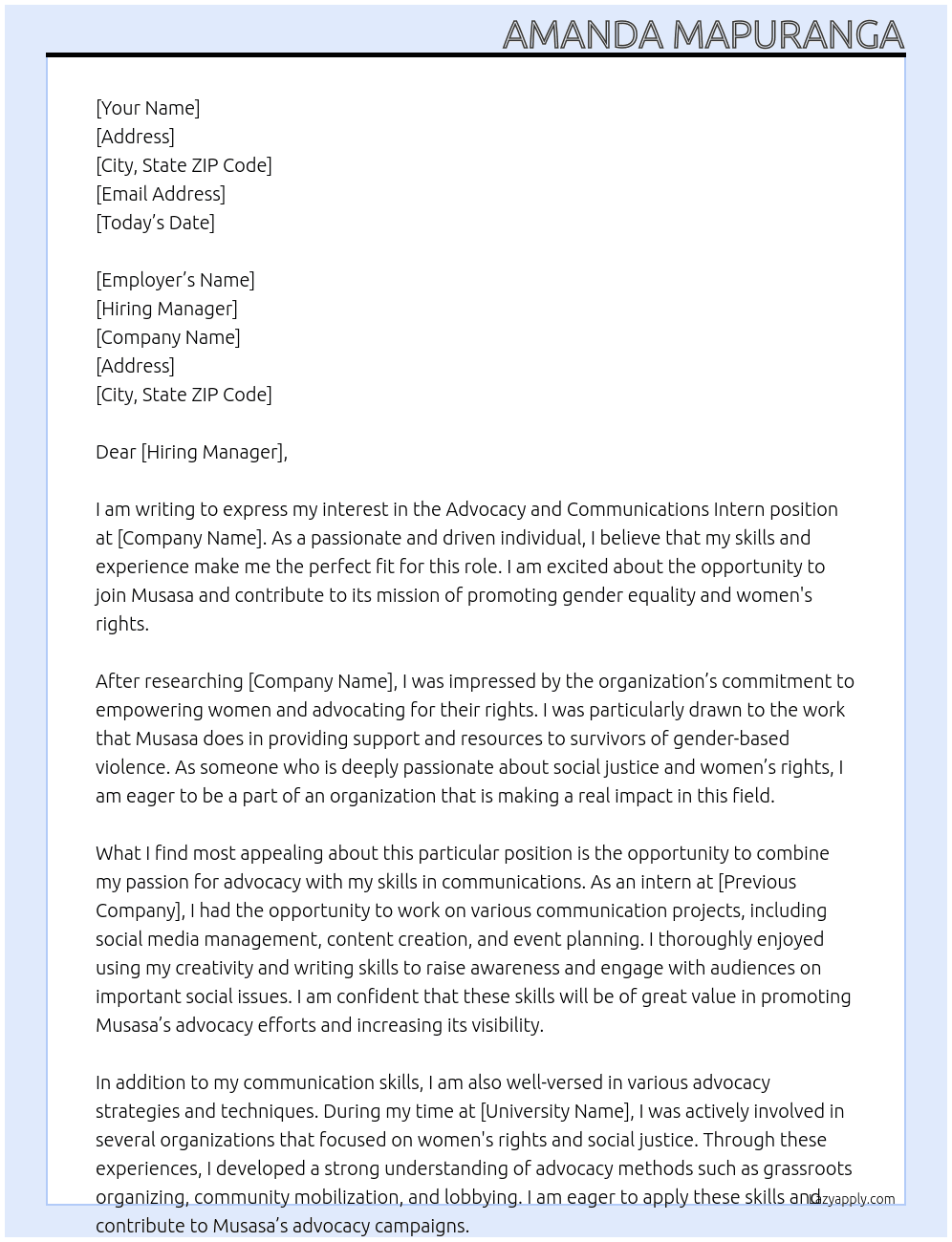 advocacy and communications intern  At musasa Cover Letter