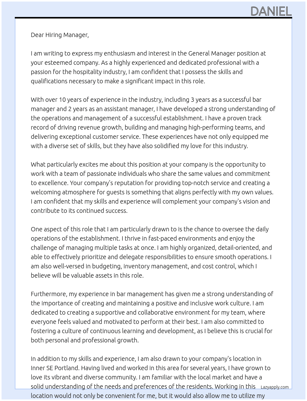 General Manager At your company Cover Letter