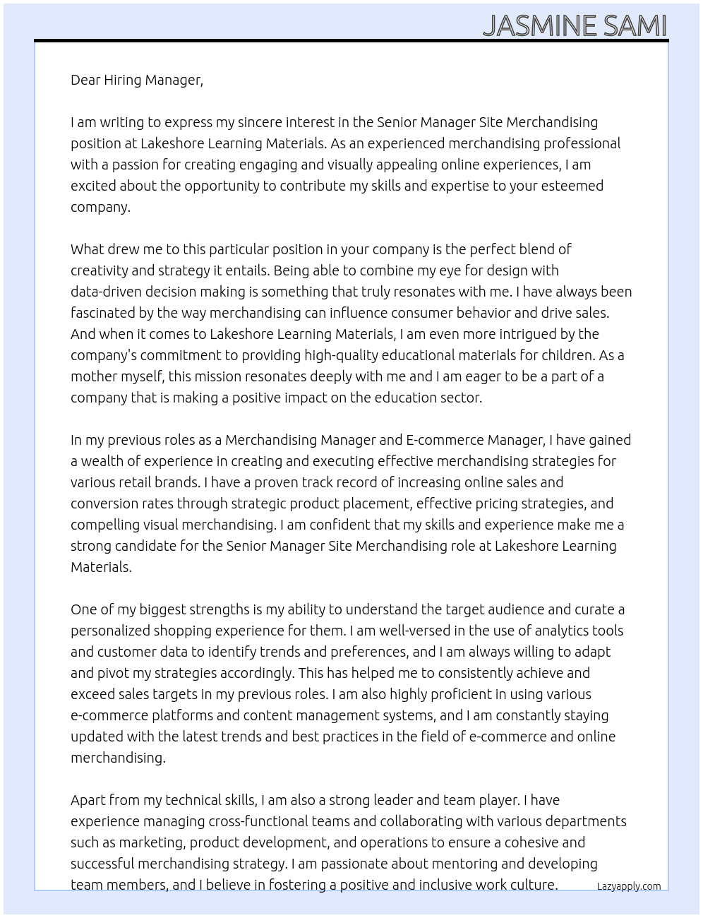 Senior Manager Site Merchandising At Lakeshore Learning Materials  Cover Letter