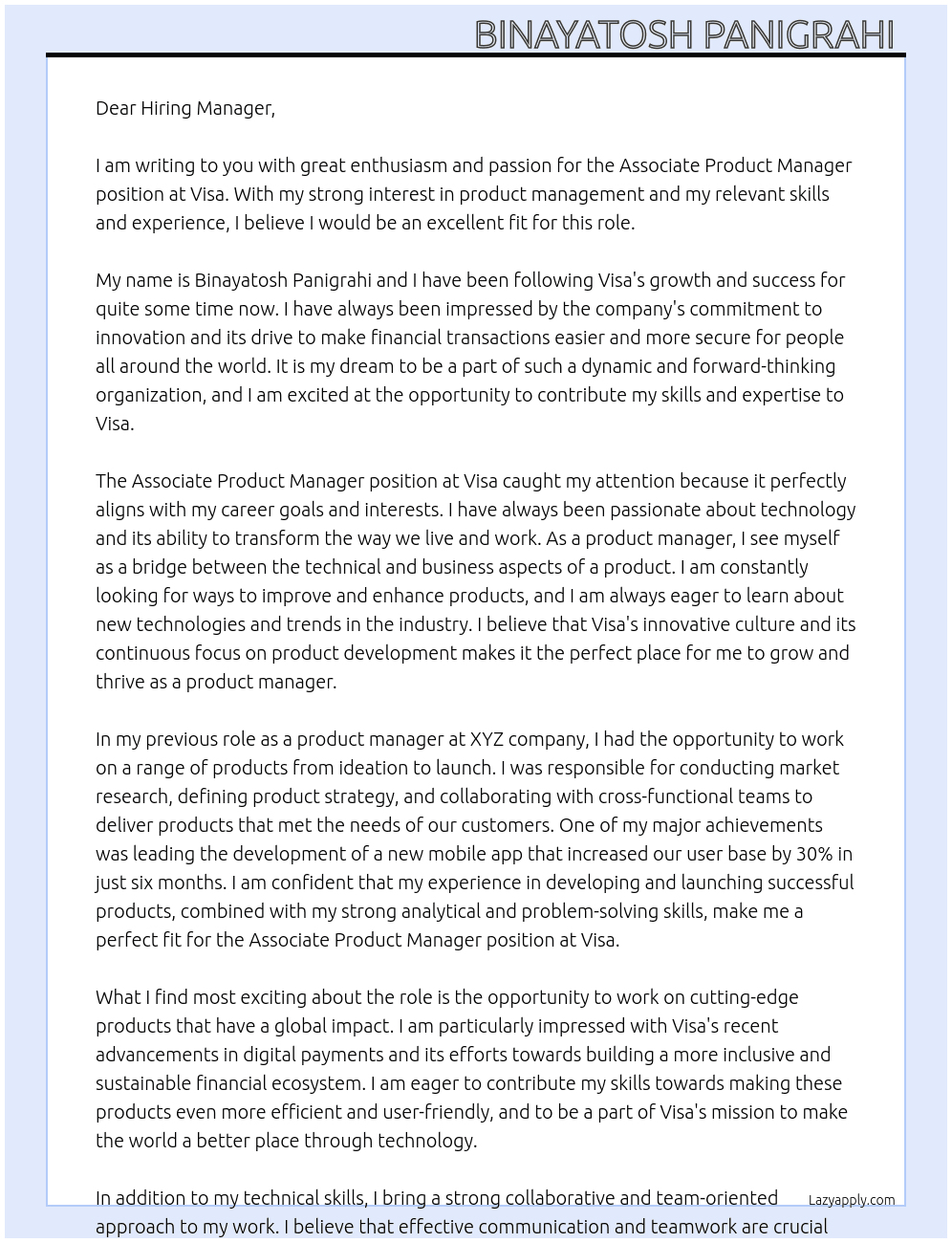 Associate product manager  At Visa Cover Letter