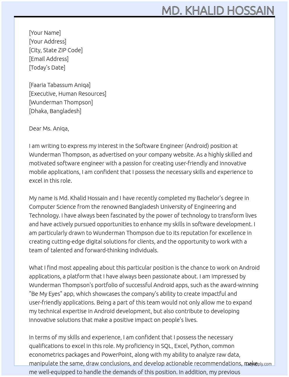 Software Engineer (Android) At Wunderman Thompson Cover Letter