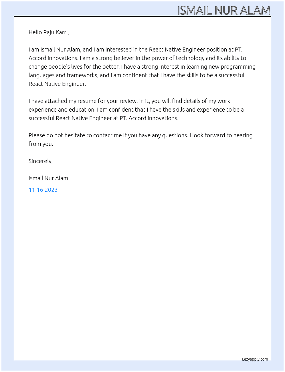 React Native Engineer At PT. Accord innovations Cover Letter