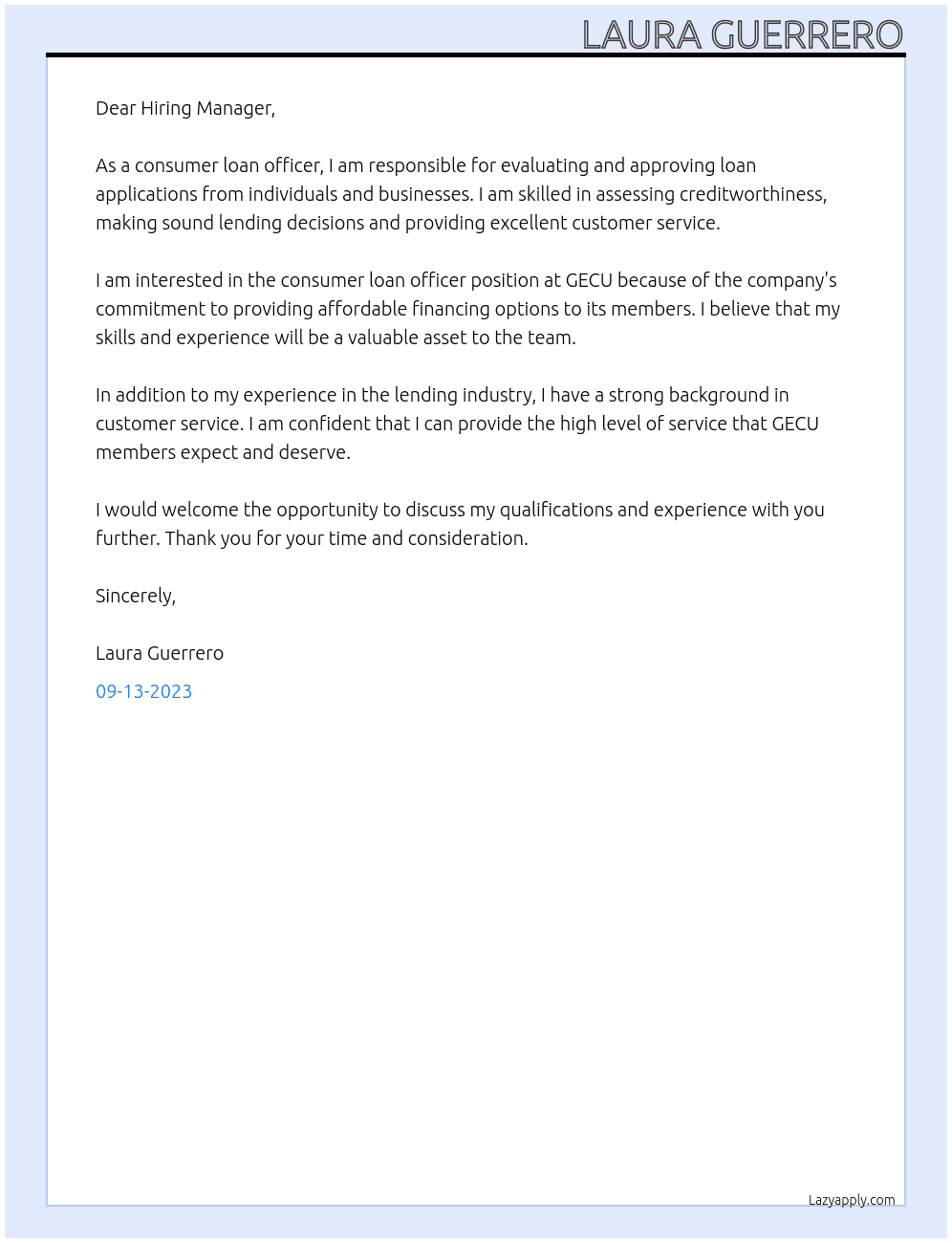 Consumer Loan Officer At GECU Cover Letter