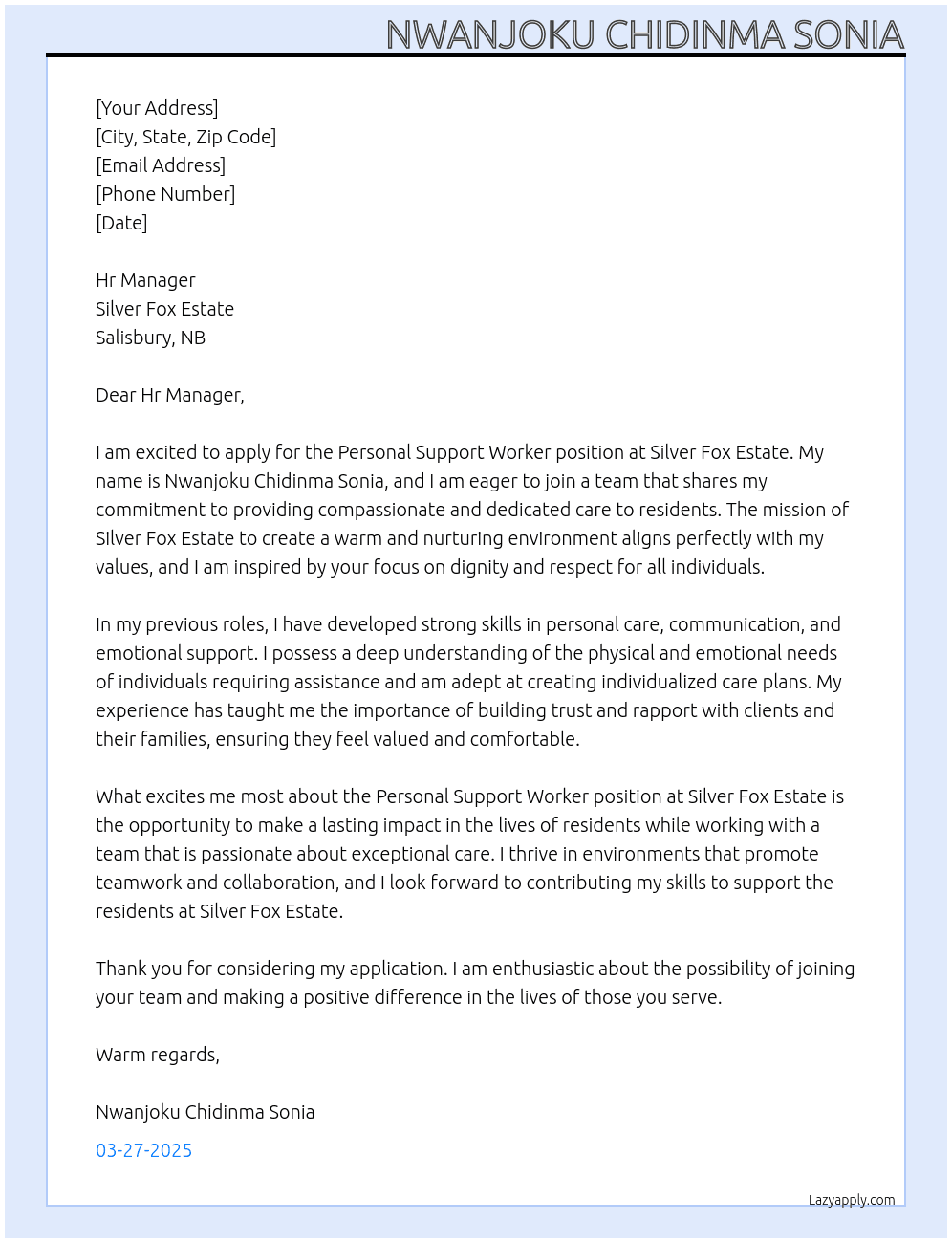 Personal support worker  At Silver Fox Estate, Salisbury (NB) Cover Letter