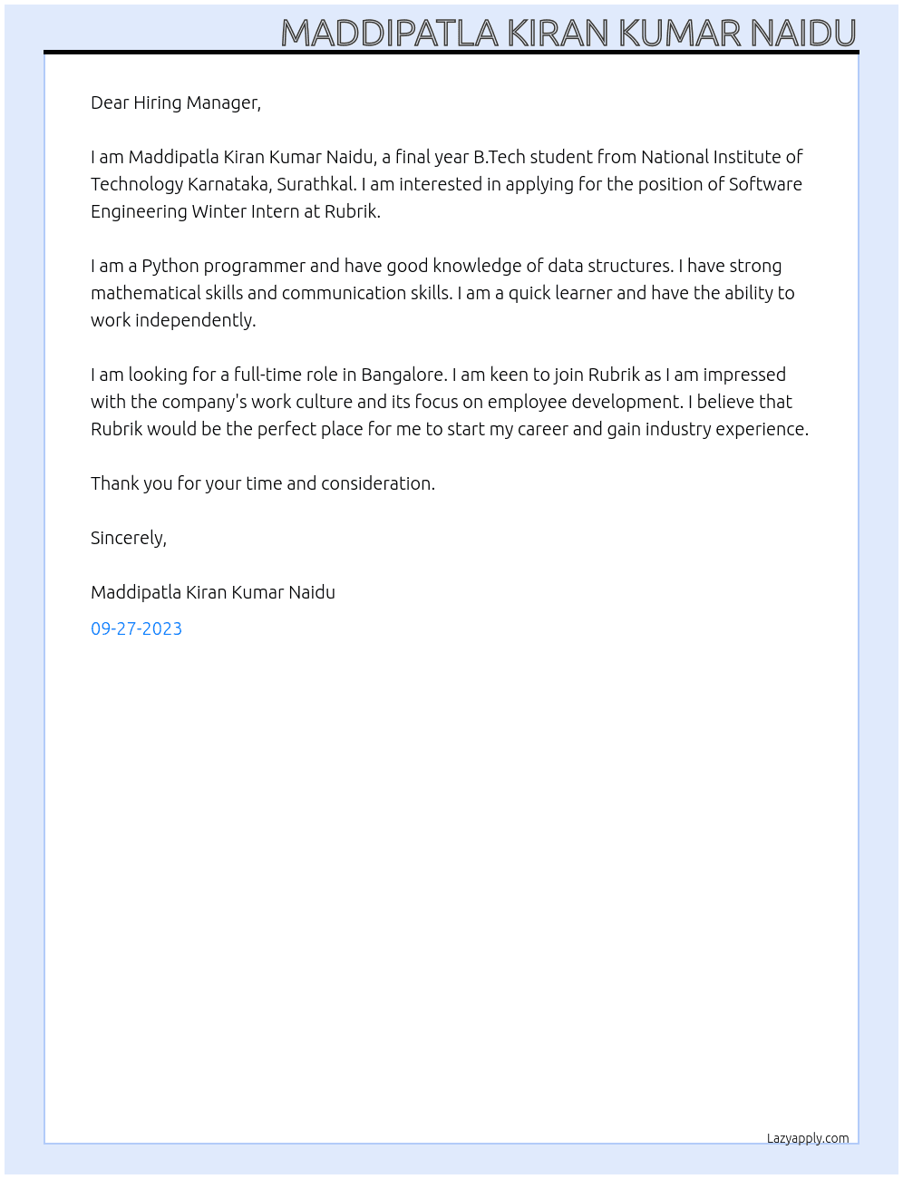  Software Engineering Winter Intern At Rubrik Freshers Recruitment  Cover Letter