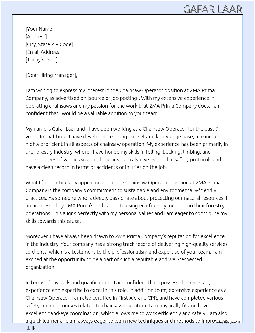 CHAINSAW OPERATOR At 2MA PRIMA COMPANY Cover Letter