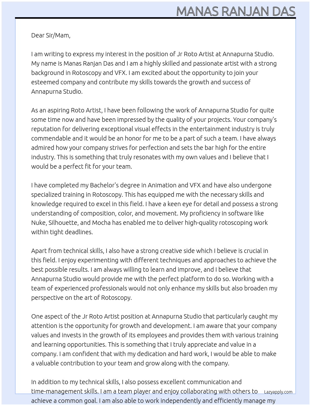 Jr Roto Artist  At Annapurna studio  Cover Letter
