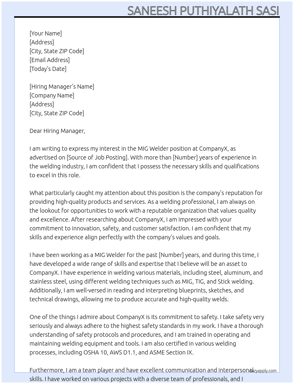 MIG WELDER At CompanyX Cover Letter