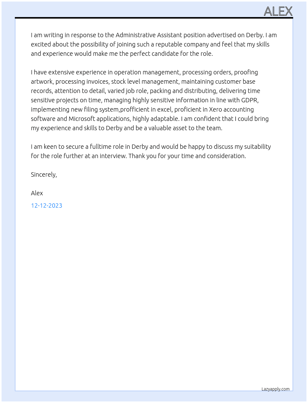 Administrative Assisntant At Derby Cover Letter