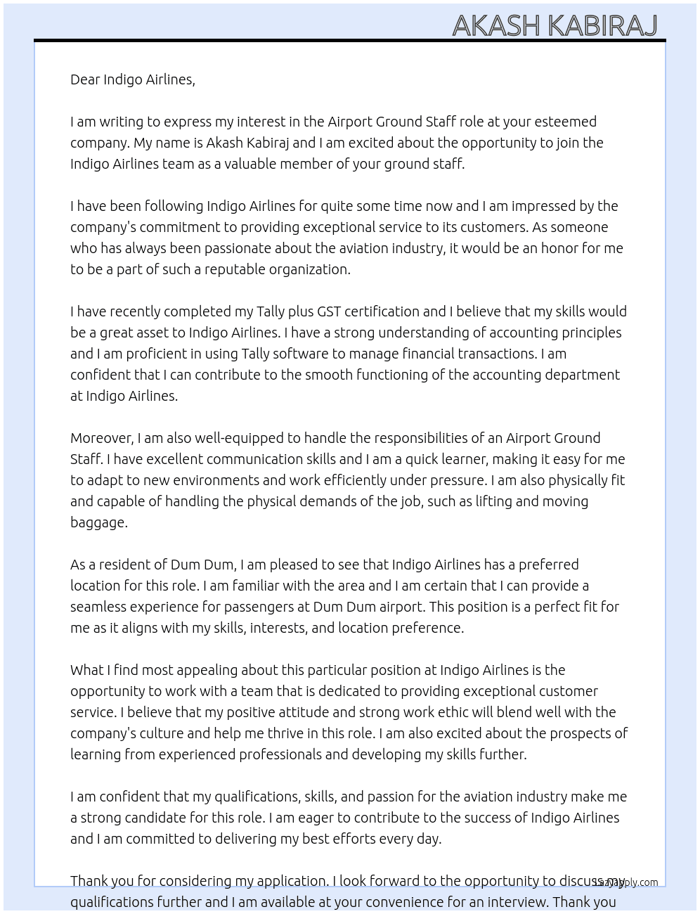 Airport ground staff At Indigo airlines Cover Letter