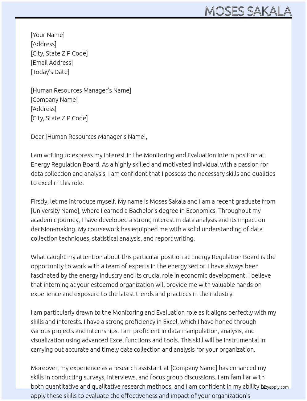 Monitoring and Evaluation intern At Energy regulation board Cover Letter