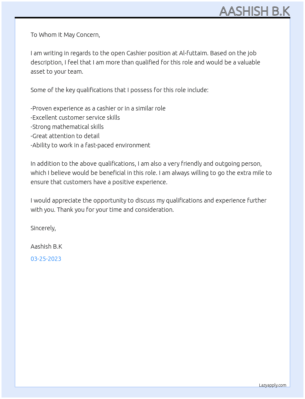 Cashier  At Al-futtaim  Cover Letter