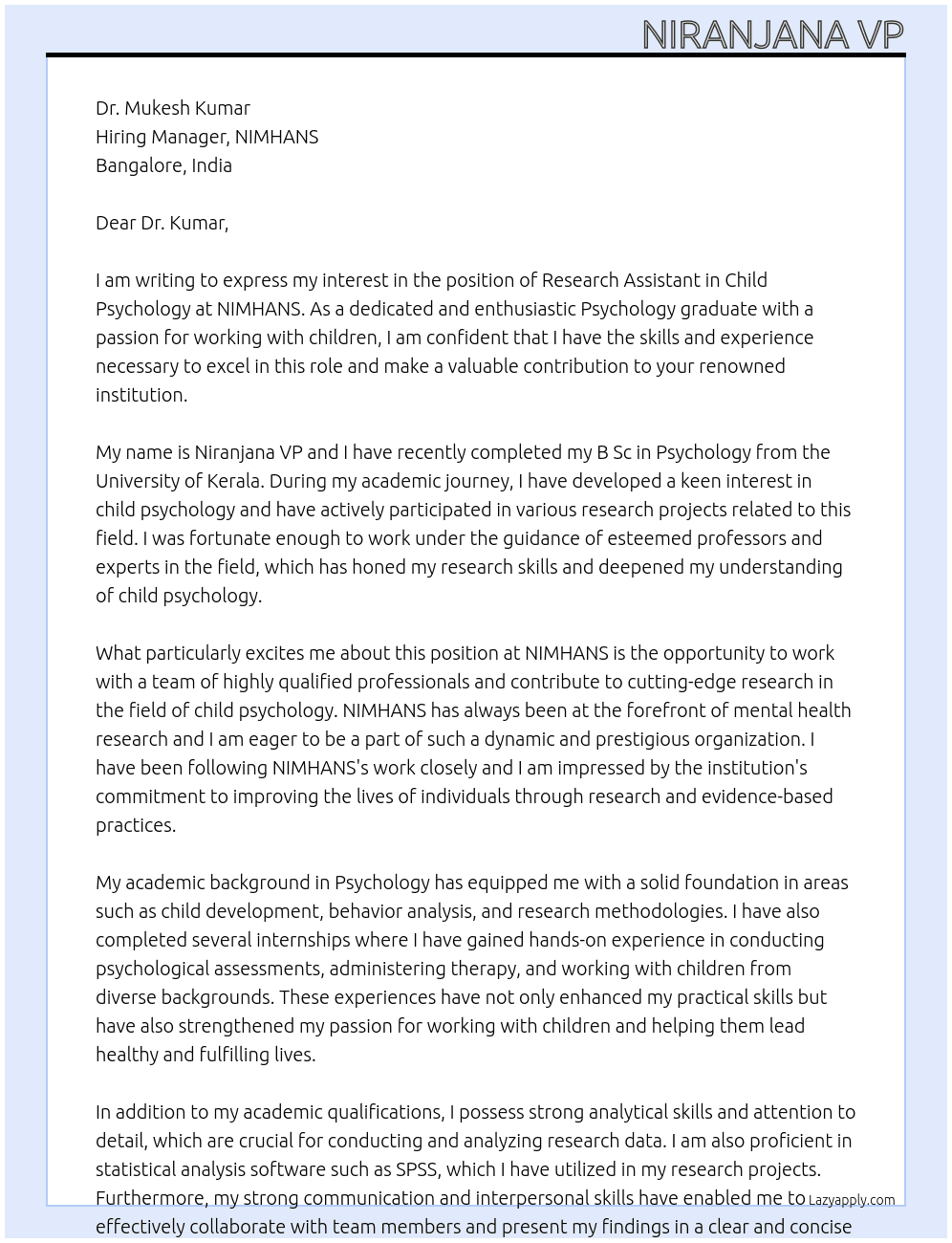 Research assistant in child psychology At NIMHANS Cover Letter