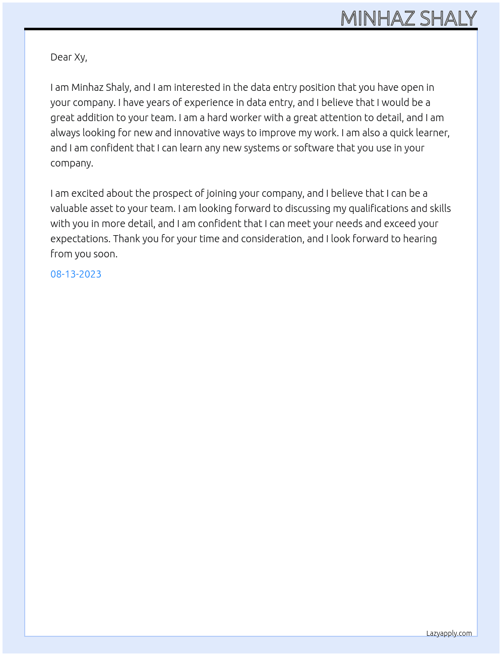 Data entry  At Xy Cover Letter