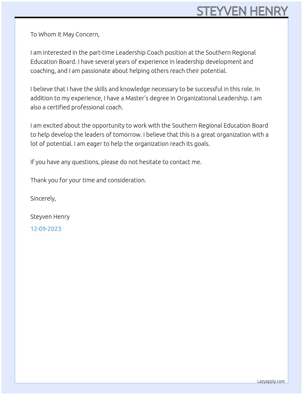 Part-time Leadership Coach At Southern Regional Education Board Cover Letter
