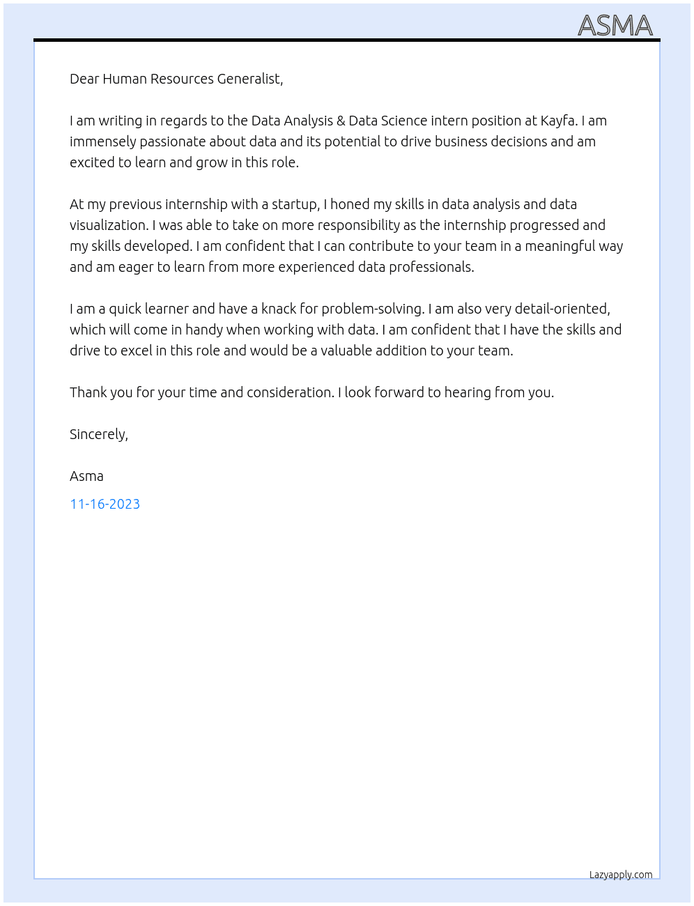 Data Analysis & Data Science intern At Kayfa Cover Letter