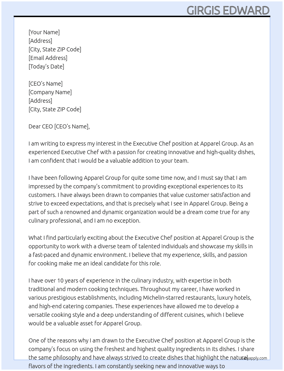 Executive Chef At Apparel Group Cover Letter