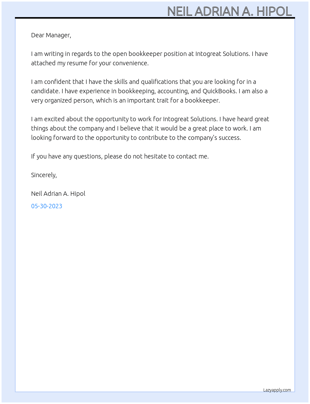 Bookkeeper  At Intogreat Solutions Cover Letter