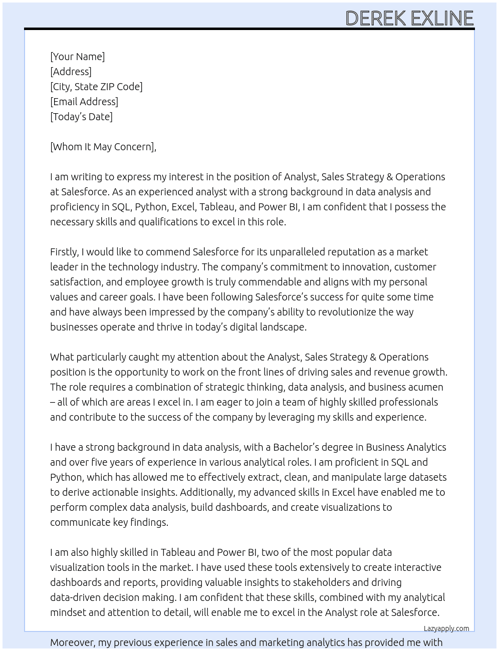 Analyst, Sales Strategy & Operations At Salesforce Cover Letter