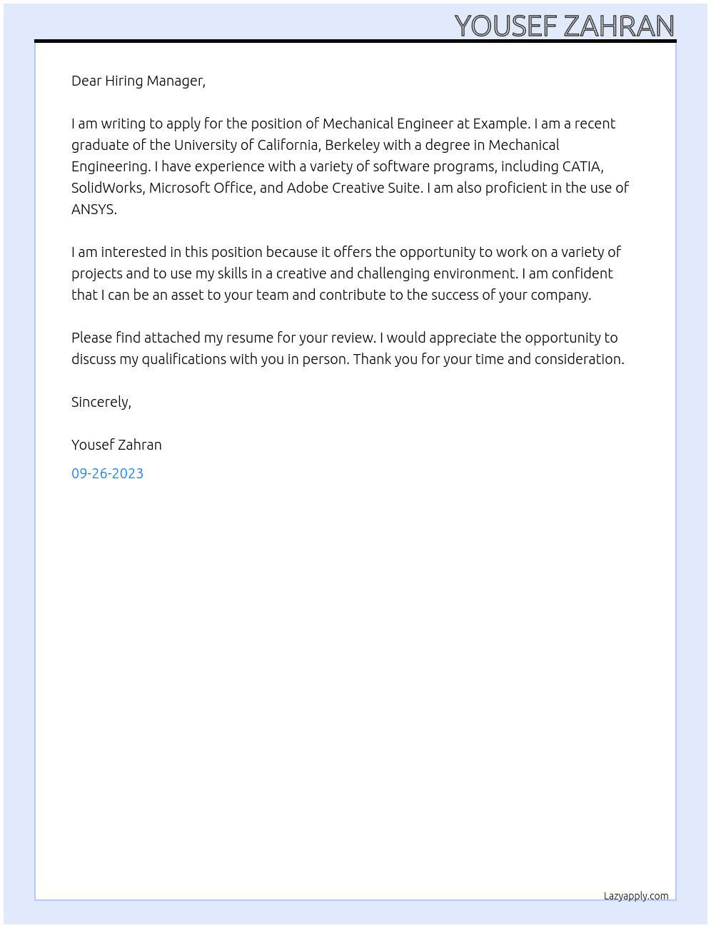 Mechanical Engineer At Example Cover Letter