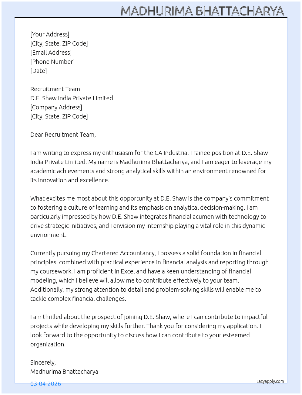 CA industrial trainee At D.E. Shaw India Private limited  Cover Letter