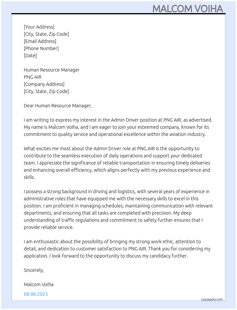 Admin Driver  At PNG AIR Cover Letter