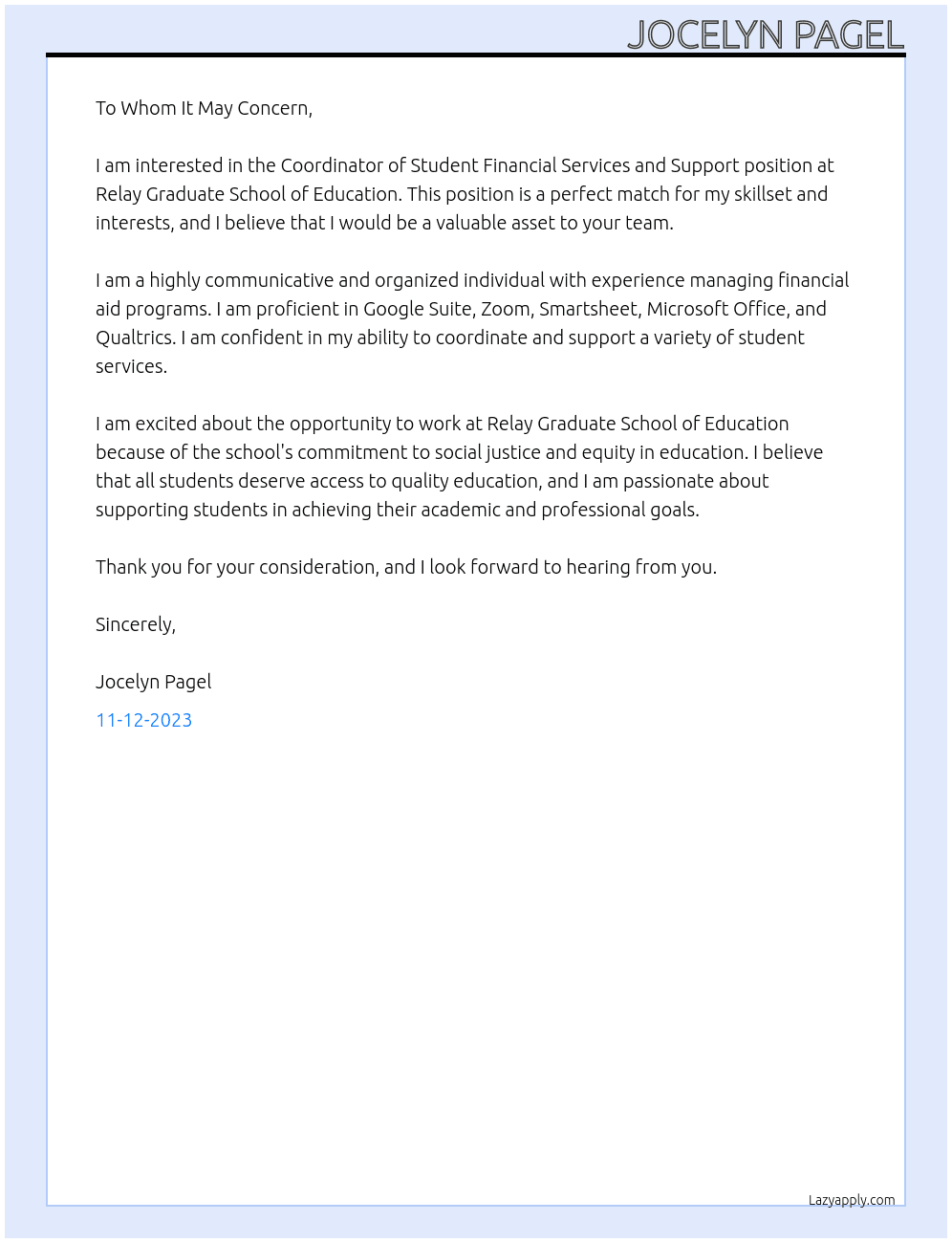 Coordinator of Student Financial Services and Support At Relay Graduate School of Education Cover Letter