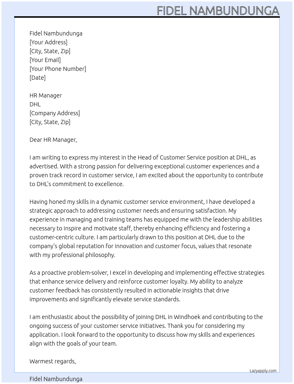 Head of Customer Service At DHL Cover Letter