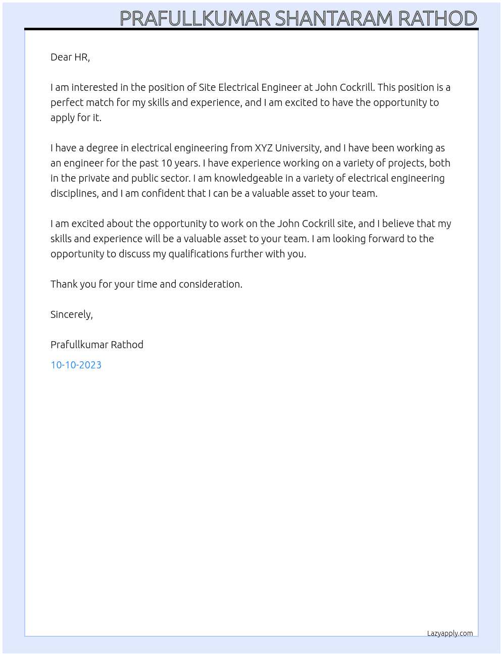 site electrical engineer At john cockrill Cover Letter