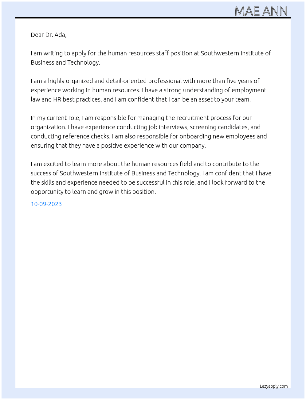 Human resources staff At Southwestern institute of business and technology  Cover Letter