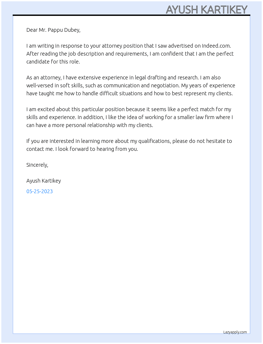 Attorney  At Mr. Pappu Dubey Cover Letter