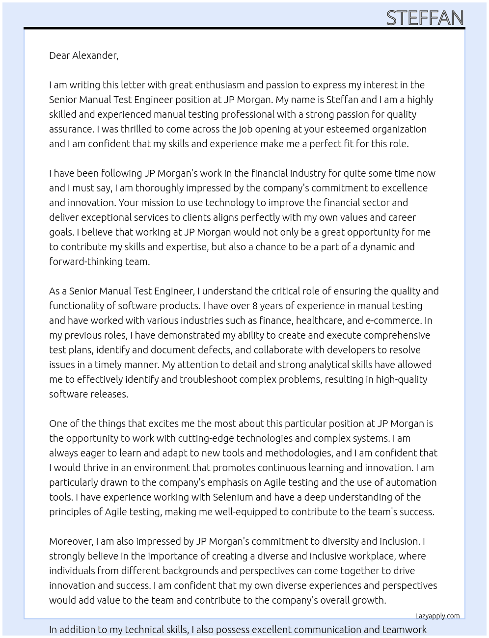 Cover letter for senior manual test engineer - LazyApply