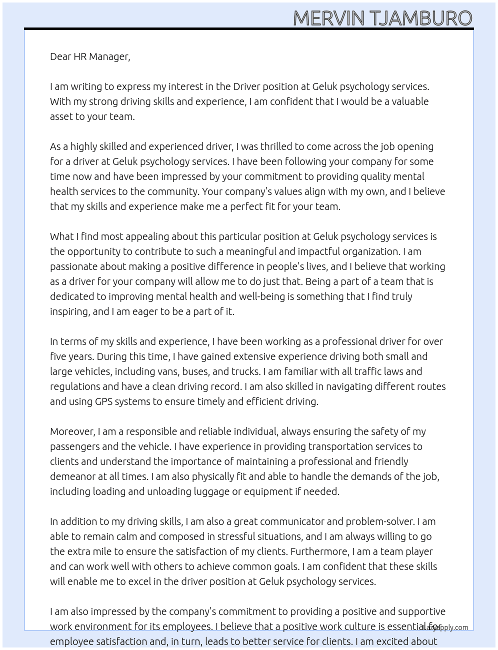 Driver At Geluk psychology services Cover Letter