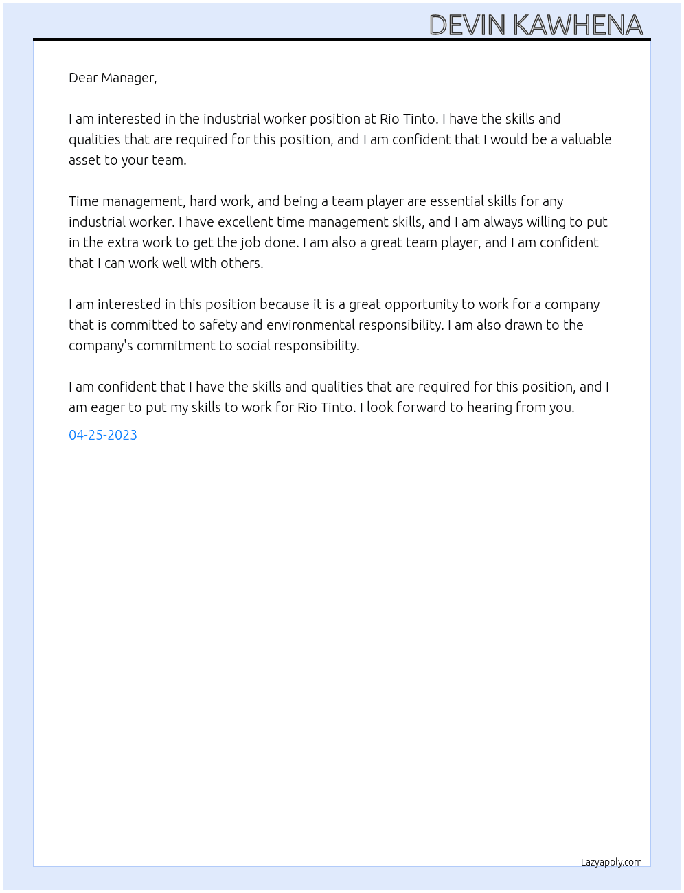 Industrial worker  At Rio Tinto  Cover Letter