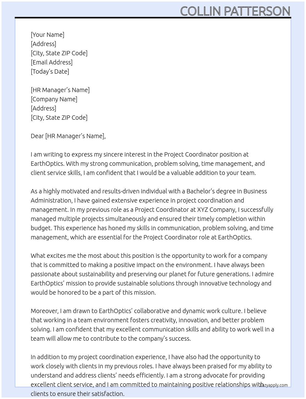 Project Coordinator  At EarthOptics Cover Letter