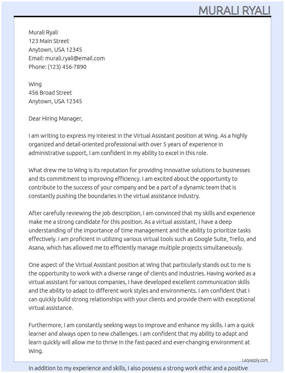 VIRTUAL ASSISTANT  At Wing Cover Letter