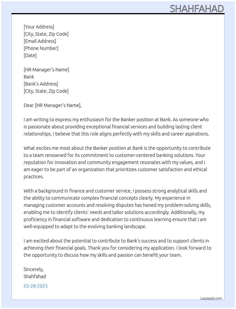Banker At bank Cover Letter
