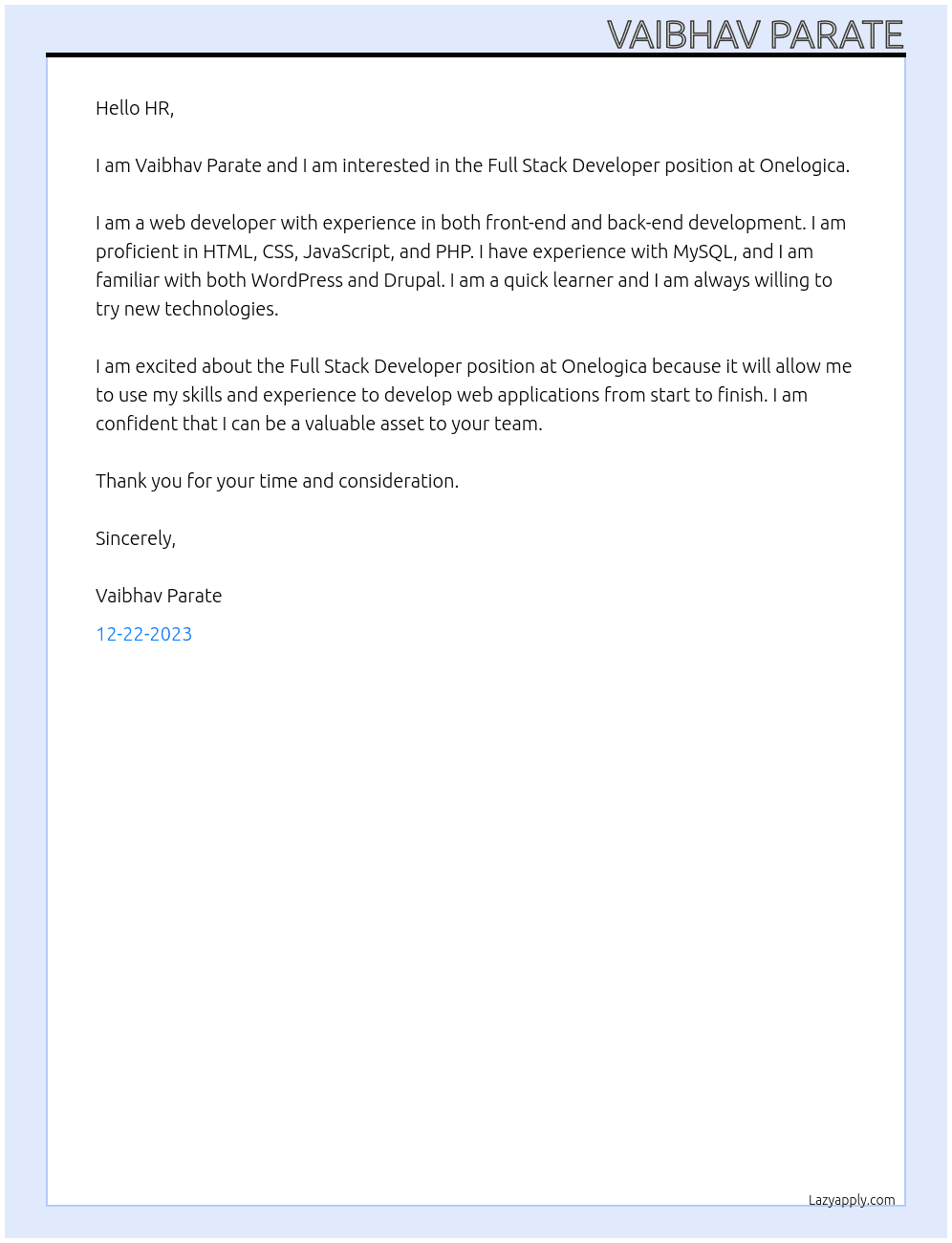 Full Stack Developer At Onelogica Cover Letter