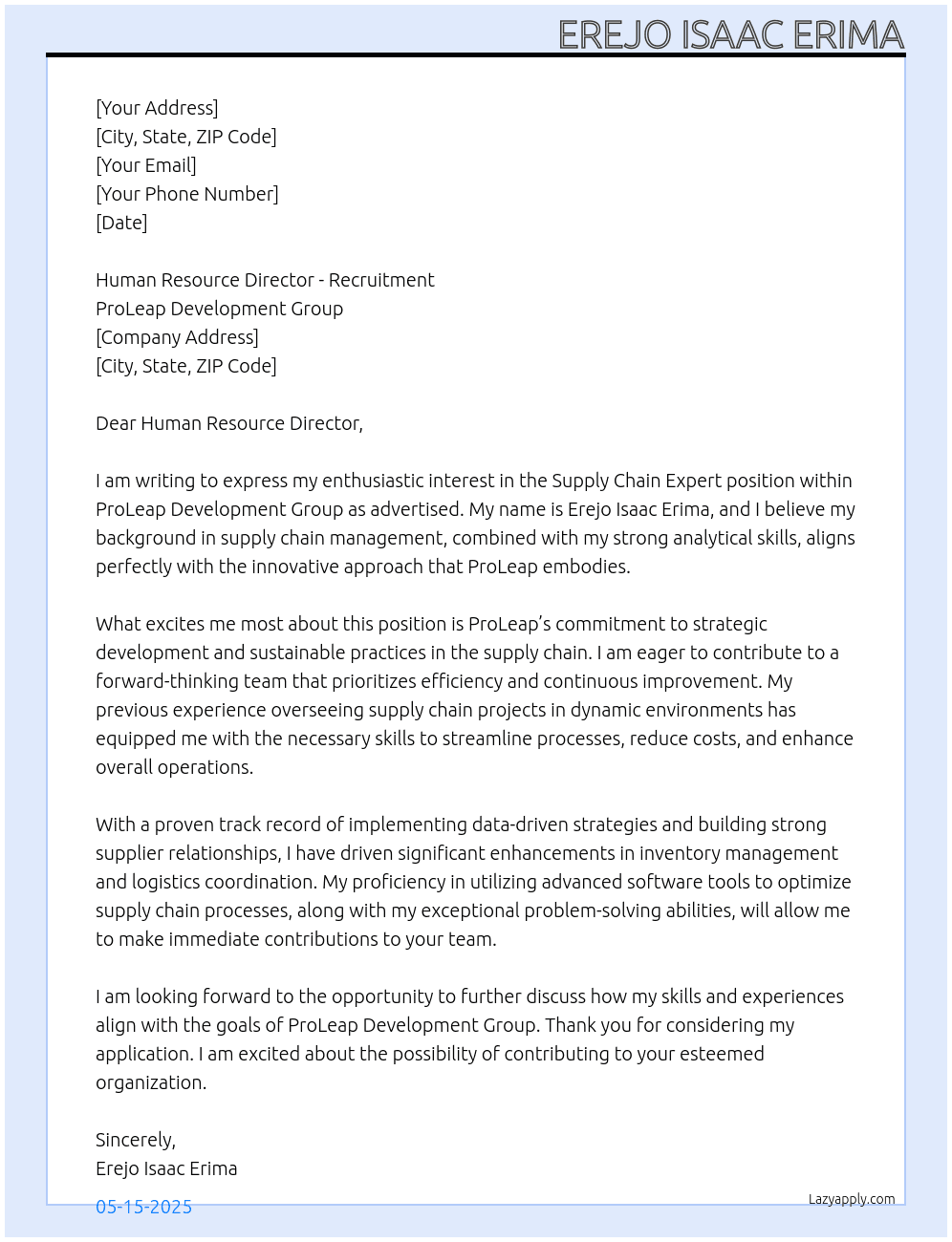 Supply Chain Expert, Roster  At ProLeap Development Group  Cover Letter