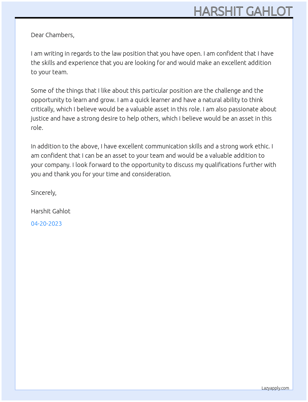 law At chambers Cover Letter
