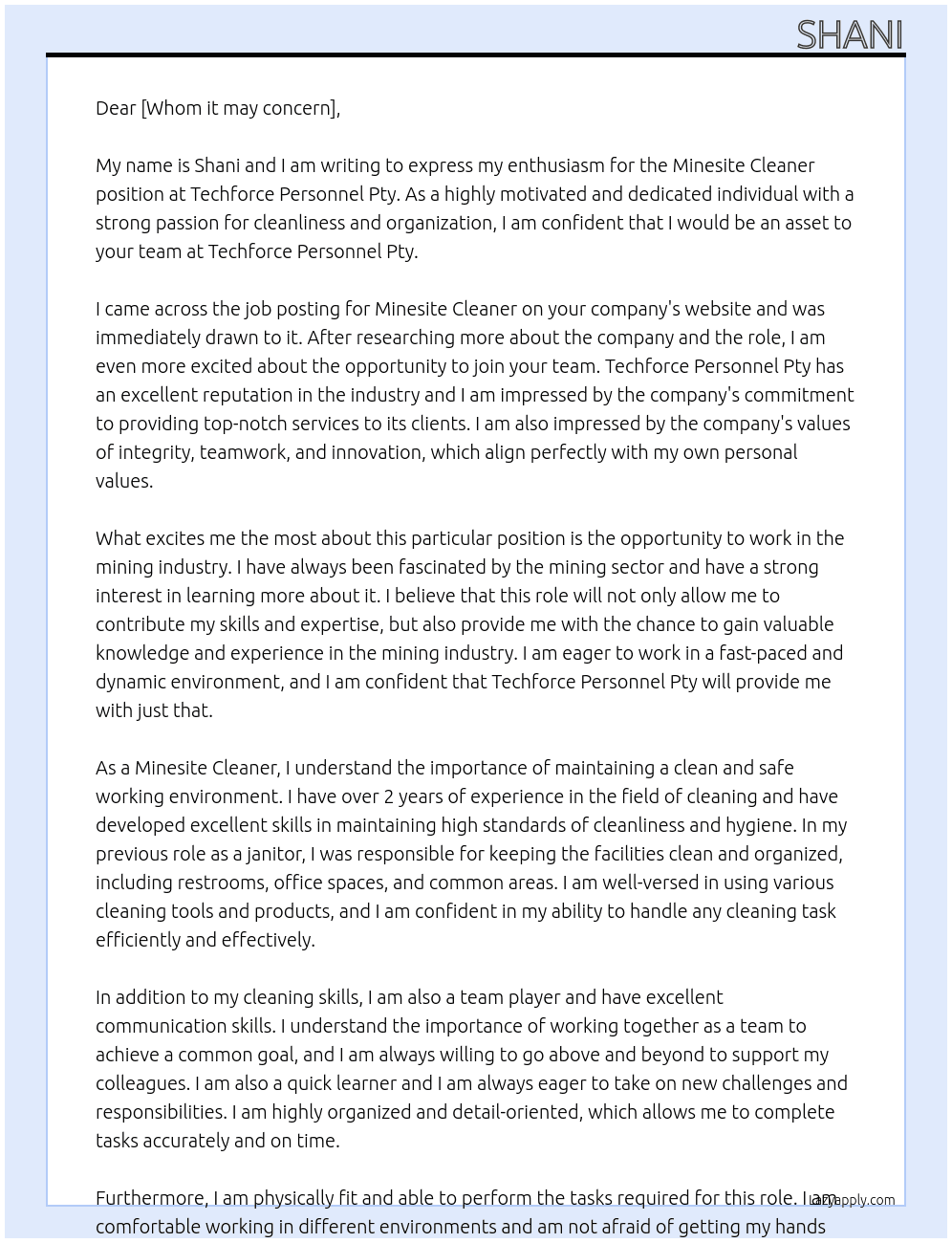 Minesite cleaner At Techforce Personnel Pty Cover Letter