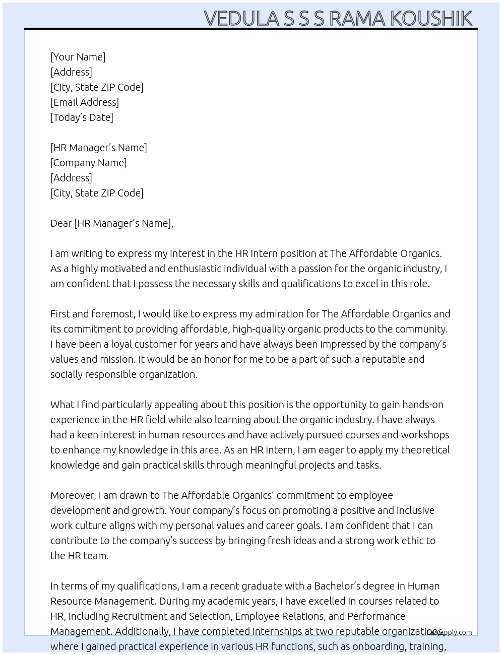 Hr Intern At The Affordable organics  Cover Letter