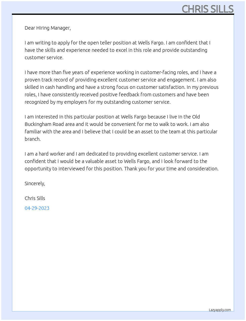 Teller At Wells Fargo Cover Letter