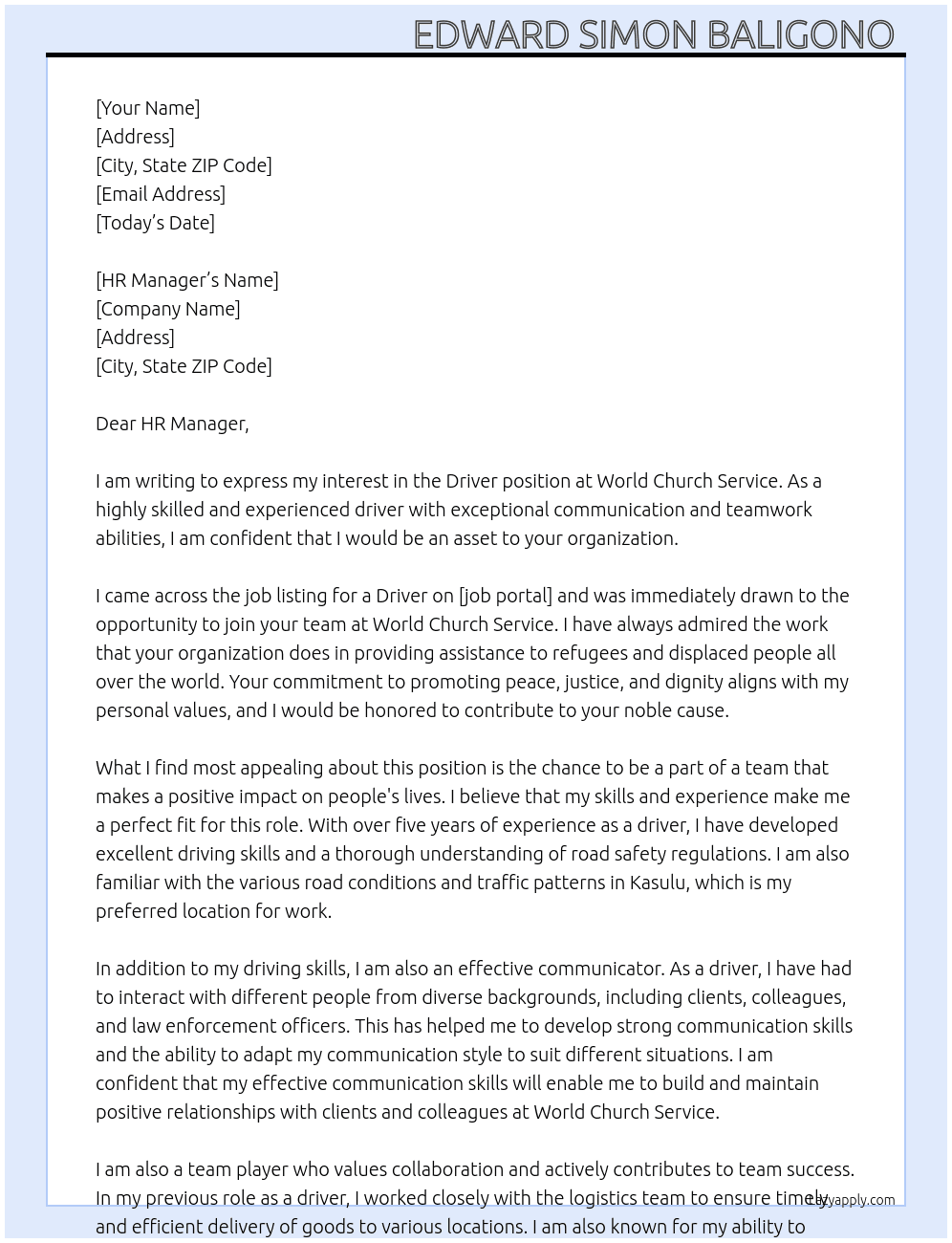 Driver At World church service  Cover Letter