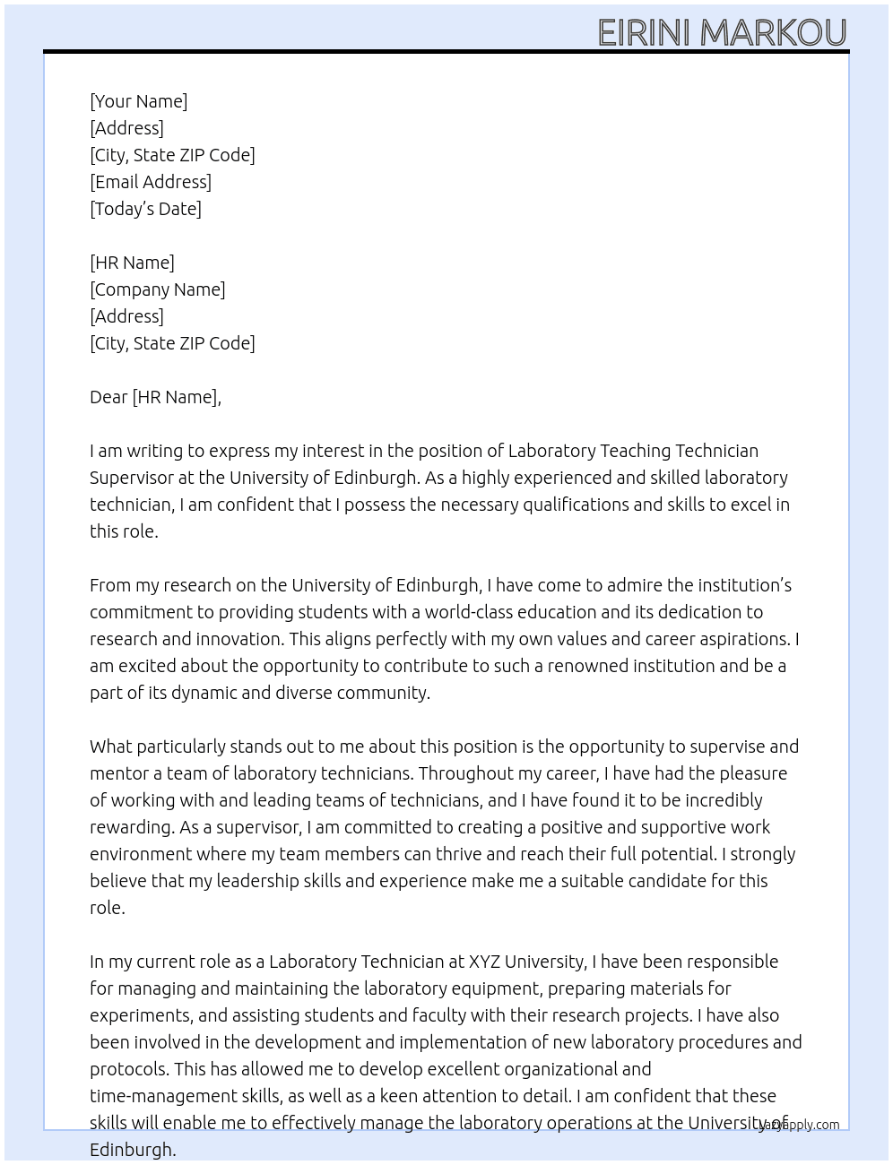 Laboratory Teaching Technician Supervisor At University of Edinburgh Cover Letter