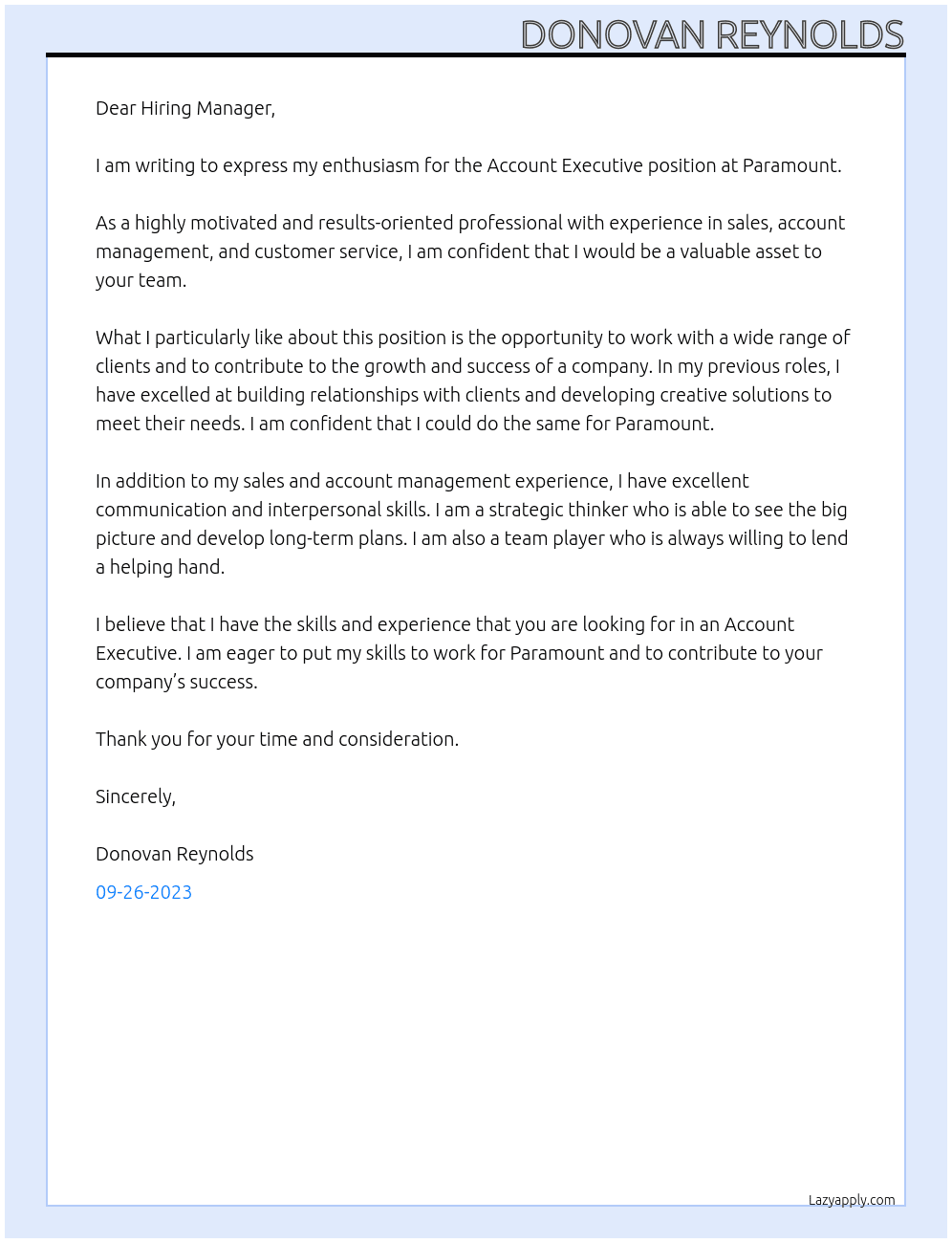 Account Executive At Paramount  Cover Letter