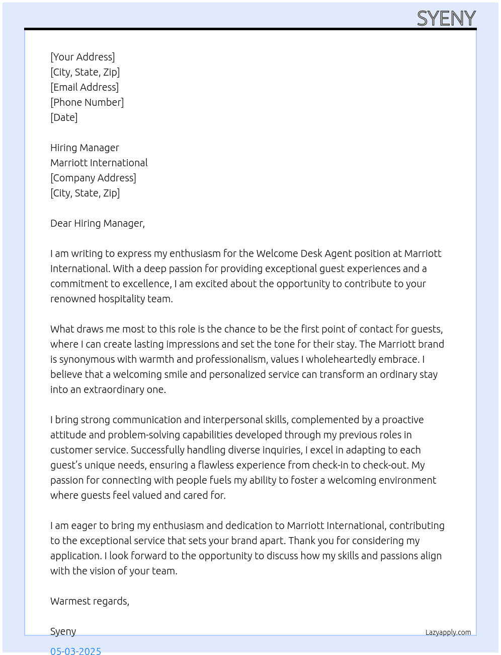 Welcome Desk Agent At Marriott International Cover Letter